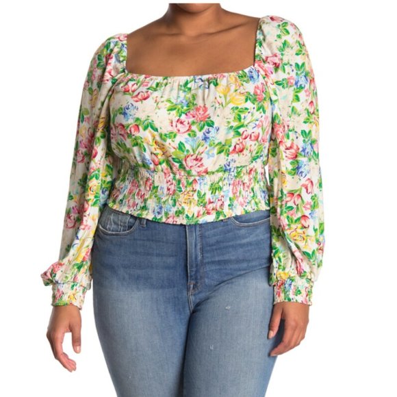 NWT AFRM X Nordstrom Soph Floral Long Sleeve Smocked Crop Top - Picture 2 of 7